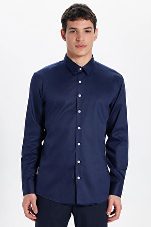 Erkek Slim Fit Non-Iron Pamuklu Doğa Dostu Ekoteks Belgeli Ütü Gerektirmez Lacivert Gömlek