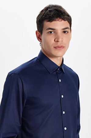 Erkek Regular Fit Klasik Kesim Lacivert Non-Iron Pamuklu Doğa Dostu Belgeli Ütü Gerektirmez Gömlek