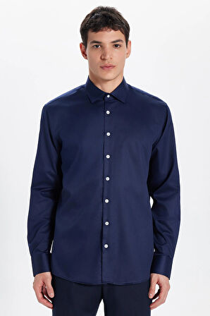 Erkek Regular Fit Klasik Kesim Lacivert Non-Iron Pamuklu Doğa Dostu Belgeli Ütü Gerektirmez Gömlek