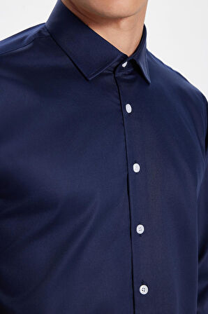 Erkek Regular Fit Klasik Kesim Lacivert Non-Iron Pamuklu Doğa Dostu Belgeli Ütü Gerektirmez Gömlek
