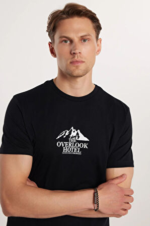 Erkek Slim Fit Dar Kesim %100 Pamuk Yumuşak Dokulu Baskılı Siyah Bisiklet Yaka Tişört