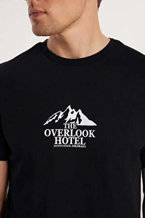 Erkek Slim Fit Dar Kesim %100 Pamuk Yumuşak Dokulu Baskılı Siyah Bisiklet Yaka Tişört