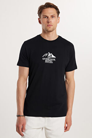 Erkek Slim Fit Dar Kesim %100 Pamuk Yumuşak Dokulu Baskılı Siyah Bisiklet Yaka Tişört