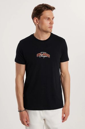 Erkek Slim Fit Dar Kesim %100 Pamuk Yumuşak Dokulu Baskılı Siyah Bisiklet Yaka Tişört