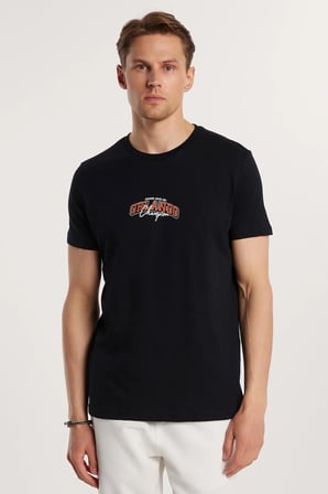 Erkek Slim Fit Dar Kesim %100 Pamuk Yumuşak Dokulu Baskılı Siyah Bisiklet Yaka Tişört