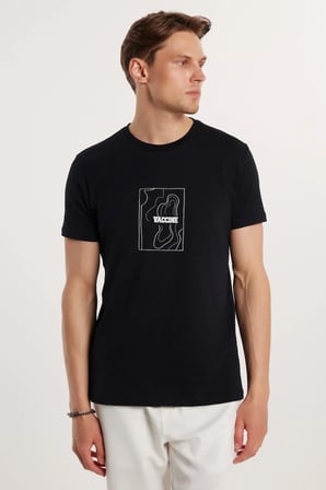 Erkek Slim Fit Dar Kesim %100 Pamuk Yumuşak Dokulu Baskılı Siyah Bisiklet Yaka Tişört