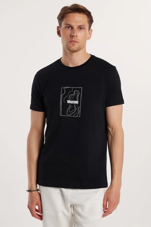 Erkek Slim Fit Dar Kesim %100 Pamuk Yumuşak Dokulu Baskılı Siyah Bisiklet Yaka Tişört