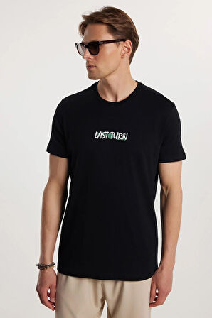 Erkek Slim Fit Dar Kesim %100 Pamuk Yumuşak Dokulu Baskılı Siyah Bisiklet Yaka Tişört