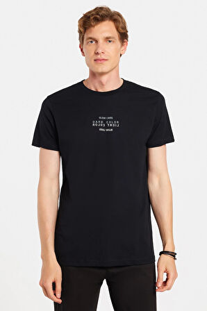 Erkek Slim Fit Dar Kesim %100 Pamuk Yumuşak Dokulu Baskılı Siyah Bisiklet Yaka Tişört