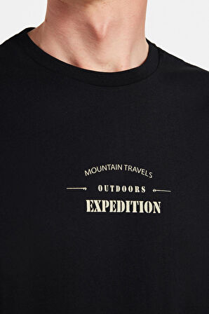 Erkek Slim Fit Dar Kesim %100 Pamuk Yumuşak Dokulu Baskılı Siyah Bisiklet Yaka Tişört