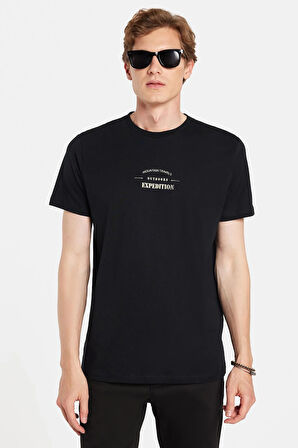 Erkek Slim Fit Dar Kesim %100 Pamuk Yumuşak Dokulu Baskılı Siyah Bisiklet Yaka Tişört