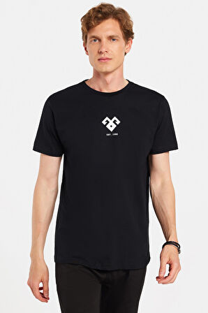 Erkek Slim Fit Dar Kesim %100 Pamuk Yumuşak Dokulu Baskılı Siyah Bisiklet Yaka Tişört