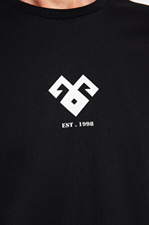 Erkek Slim Fit Dar Kesim %100 Pamuk Yumuşak Dokulu Baskılı Siyah Bisiklet Yaka Tişört