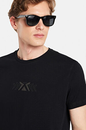 Erkek Slim Fit Dar Kesim %100 Pamuk Yumuşak Dokulu Baskılı Siyah Bisiklet Yaka Tişört