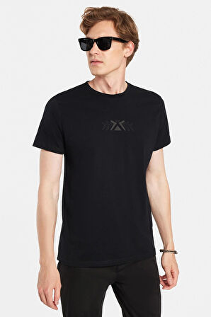 Erkek Slim Fit Dar Kesim %100 Pamuk Yumuşak Dokulu Baskılı Siyah Bisiklet Yaka Tişört