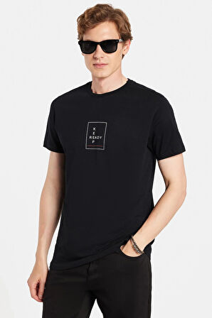 Erkek Slim Fit Dar Kesim %100 Pamuk Yumuşak Dokulu Baskılı Siyah Bisiklet Yaka Tişört