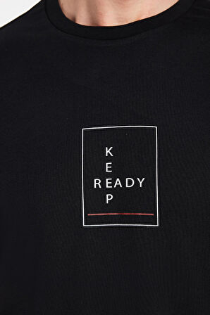 Erkek Slim Fit Dar Kesim %100 Pamuk Yumuşak Dokulu Baskılı Siyah Bisiklet Yaka Tişört