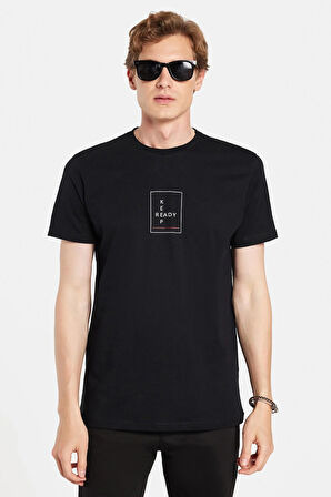 Erkek Slim Fit Dar Kesim %100 Pamuk Yumuşak Dokulu Baskılı Siyah Bisiklet Yaka Tişört
