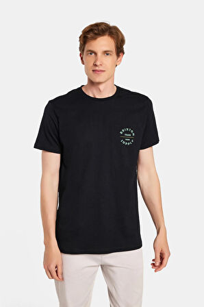  Erkek Slim Fit Dar Kesim %100 Pamuk Yumuşak Dokulu Baskılı Siyah Bisiklet Yaka Tişört