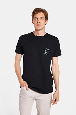  Erkek Slim Fit Dar Kesim %100 Pamuk Yumuşak Dokulu Baskılı Siyah Bisiklet Yaka Tişört