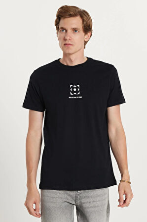 Erkek Slim Fit Dar Kesim %100 Pamuk Yumuşak Dokulu Baskılı Siyah Bisiklet Yaka Tişört