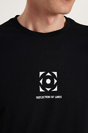 Erkek Slim Fit Dar Kesim %100 Pamuk Yumuşak Dokulu Baskılı Siyah Bisiklet Yaka Tişört