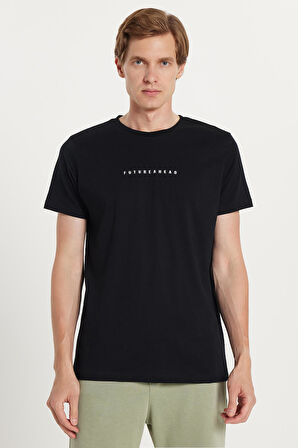 Erkek Slim Fit Dar Kesim %100 Pamuk Yumuşak Dokulu Baskılı Siyah Bisiklet Yaka Tişört