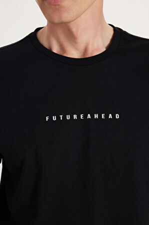 Erkek Slim Fit Dar Kesim %100 Pamuk Yumuşak Dokulu Baskılı Siyah Bisiklet Yaka Tişört