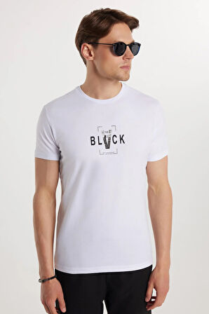 Erkek Slim Fit Dar Kesim %100 Pamuk Yumuşak Dokulu Baskılı Beyaz Bisiklet Yaka Tişört