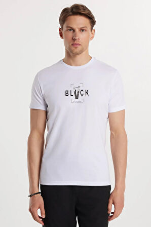 Erkek Slim Fit Dar Kesim %100 Pamuk Yumuşak Dokulu Baskılı Beyaz Bisiklet Yaka Tişört