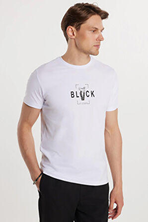 Erkek Slim Fit Dar Kesim %100 Pamuk Yumuşak Dokulu Baskılı Beyaz Bisiklet Yaka Tişört