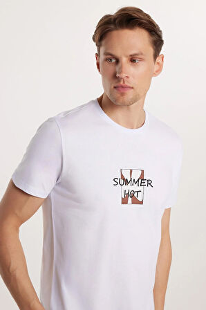 Erkek Slim Fit Dar Kesim %100 Pamuk Yumuşak Dokulu Baskılı Beyaz Bisiklet Yaka Tişört