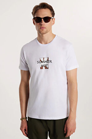 Erkek Slim Fit Dar Kesim %100 Pamuk Yumuşak Dokulu Baskılı Beyaz Bisiklet Yaka Tişört