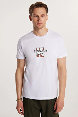 Erkek Slim Fit Dar Kesim %100 Pamuk Yumuşak Dokulu Baskılı Beyaz Bisiklet Yaka Tişört