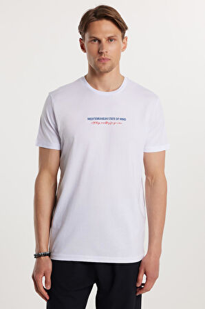  Erkek Slim Fit Dar Kesim %100 Pamuk Yumuşak Dokulu Baskılı Beyaz Bisiklet Yaka Tişört