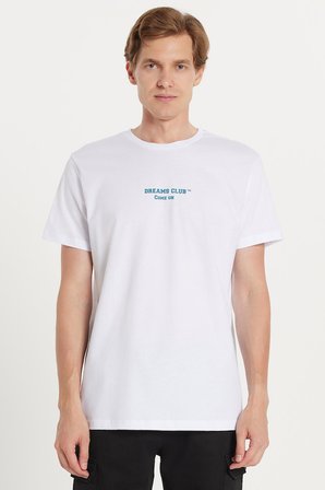 Erkek Slim Fit Dar Kesim %100 Pamuk Yumuşak Dokulu Baskılı Beyaz Bisiklet Yaka Tişört