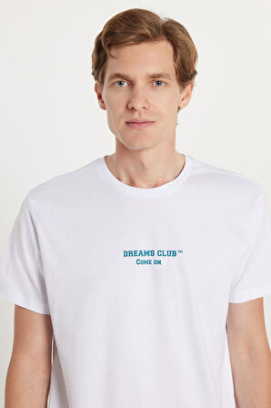 Erkek Slim Fit Dar Kesim %100 Pamuk Yumuşak Dokulu Baskılı Beyaz Bisiklet Yaka Tişört