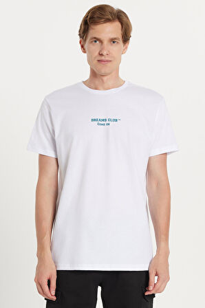 Erkek Slim Fit Dar Kesim %100 Pamuk Yumuşak Dokulu Baskılı Beyaz Bisiklet Yaka Tişört