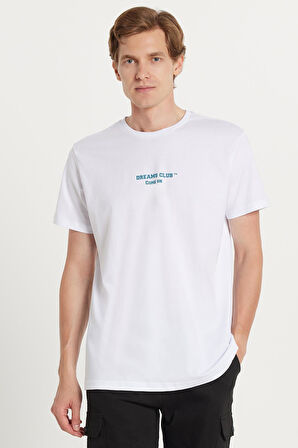 Erkek Slim Fit Dar Kesim %100 Pamuk Yumuşak Dokulu Baskılı Beyaz Bisiklet Yaka Tişört