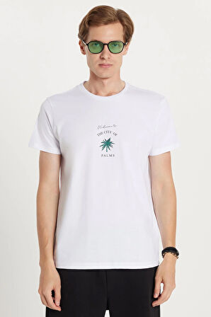 Erkek Slim Fit Dar Kesim %100 Pamuk Yumuşak Dokulu Baskılı Beyaz Bisiklet Yaka Tişört