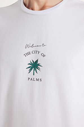 Erkek Slim Fit Dar Kesim %100 Pamuk Yumuşak Dokulu Baskılı Beyaz Bisiklet Yaka Tişört