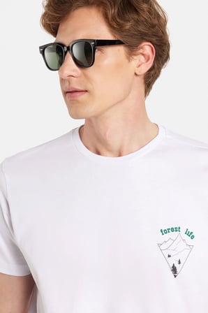 Erkek Slim Fit Dar Kesim %100 Pamuk Yumuşak Dokulu Baskılı Beyaz Bisiklet Yaka Tişört