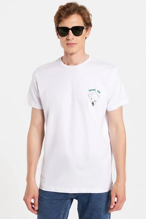 Erkek Slim Fit Dar Kesim %100 Pamuk Yumuşak Dokulu Baskılı Beyaz Bisiklet Yaka Tişört
