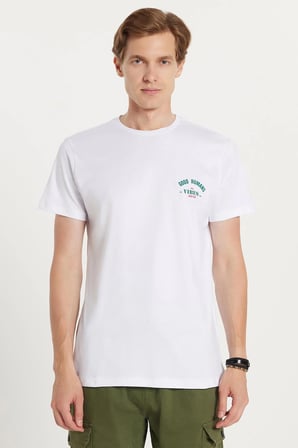 Erkek Slim Fit Dar Kesim %100 Pamuk Yumuşak Dokulu Baskılı Beyaz Bisiklet Yaka Tişört