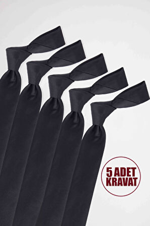 5'li Paket Düz Klasik Cep Mendilli Siyah Erkek Kravat
