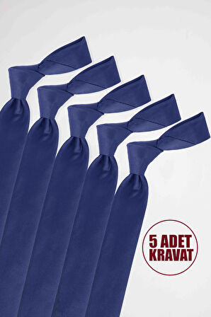 5'li Paket Düz Klasik Cep Mendilli Lacivert Erkek Kravat