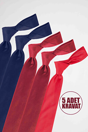 5'li Paket Düz Klasik Cep Mendilli Lacivert-Bordo-Kırmızı Erkek Kravat