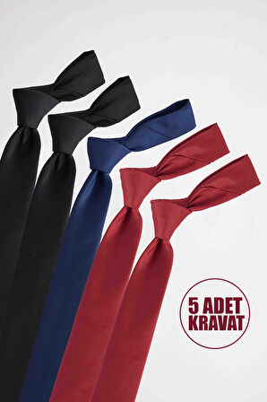 5'li Paket Düz İnce Siyah-Lacivert-Bordo Erkek Kravat