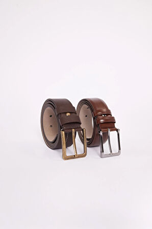 Erkek 2'li Set 3,5 Cm Klasik 4 Cm Spor Kahverengi Kemer