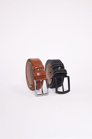 Erkek 2'li Set 3,5 Cm Kahverengi Vegan Deri 4 Cm Spor Siyah Kemer